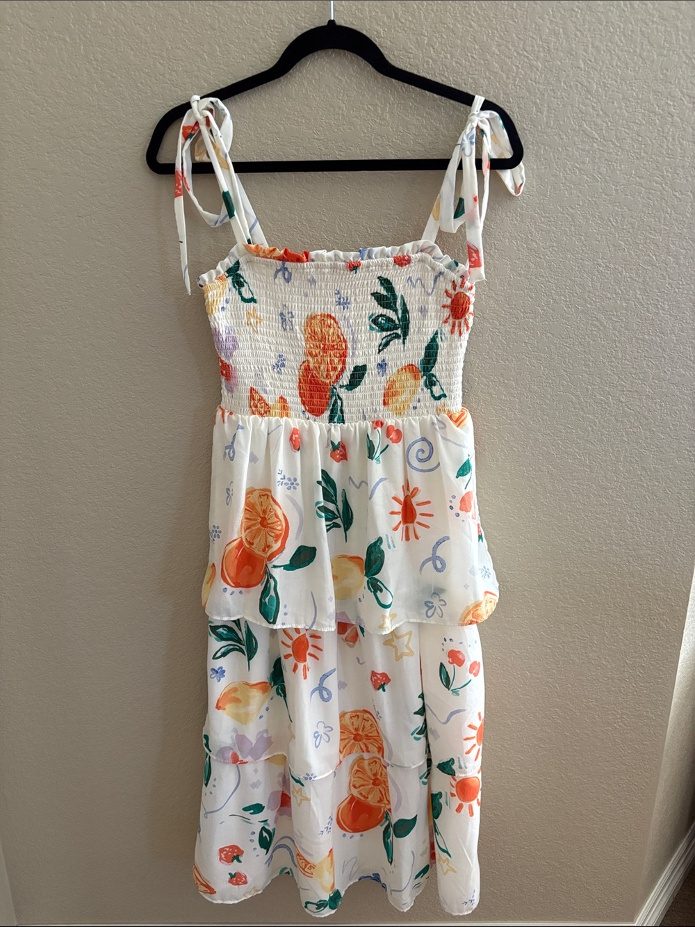 Francesca's Collections White Midi Dress with Orange & Green Citrus Print